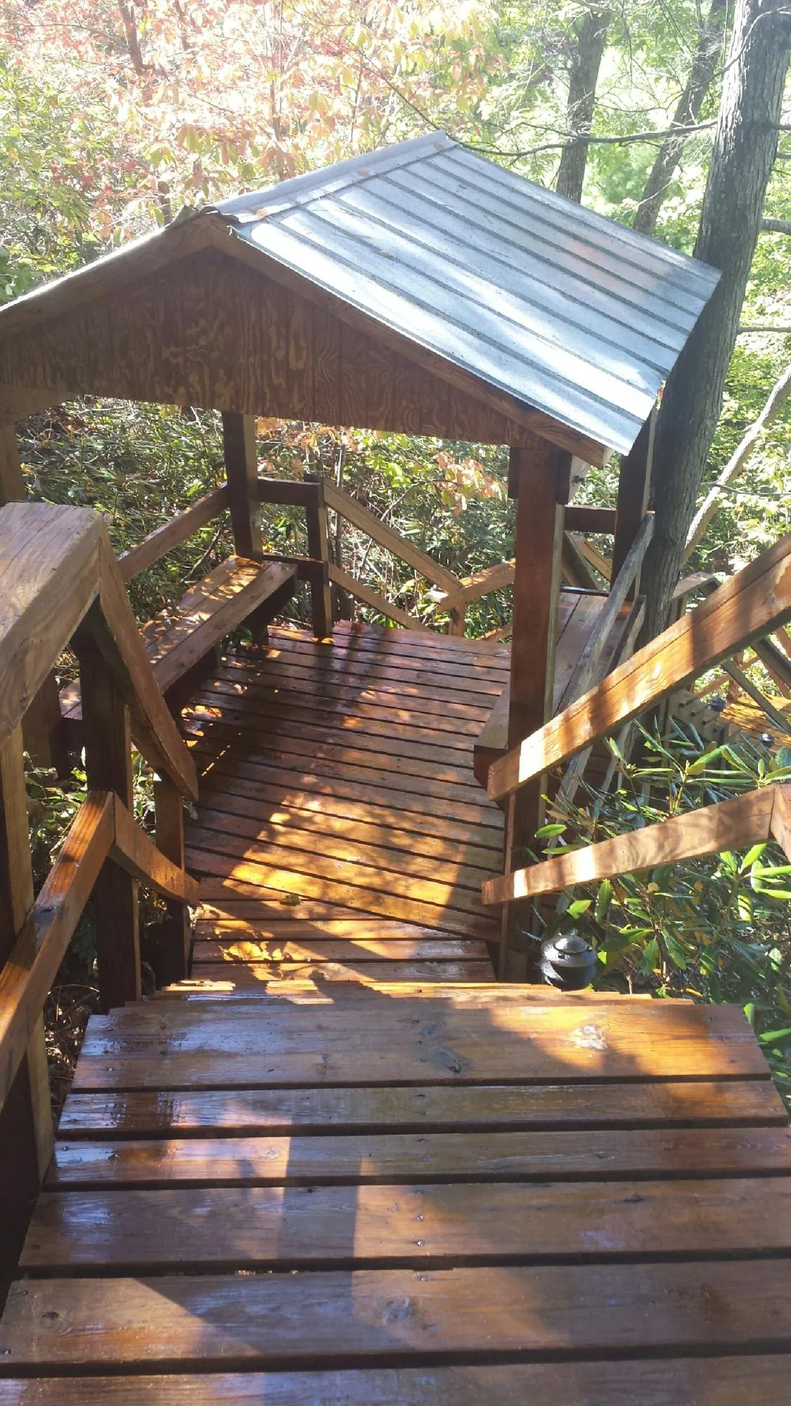 Freshly stained wood walkway and covered shelter with a metal roof in Rogers